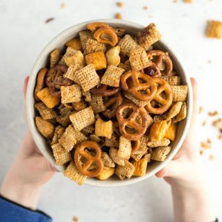 A quick and healthy alternative to traditional sweet chex mix. This maple version has big flavor with over half as much sugar.